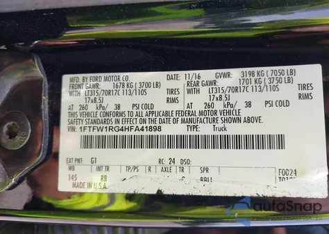 2017 Ford F-150 Raptor z USA, uszkodzony, nr VIN 1FTFW1RG4HFA41898